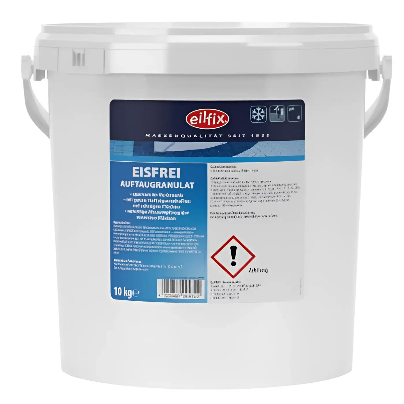 Weiße kunststoffeimer mit blau-weißem elfix label 10 kg eisfrei auftaugranulat bis minus 40 grad Celsius