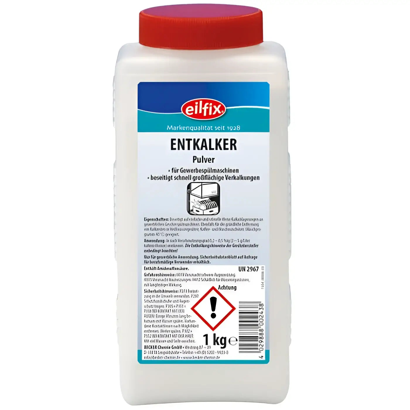 Weiße plastikflasche mit rotem deckel und blauem etikett eilfix entkalker pulver 1kg dose für industrieanlagen