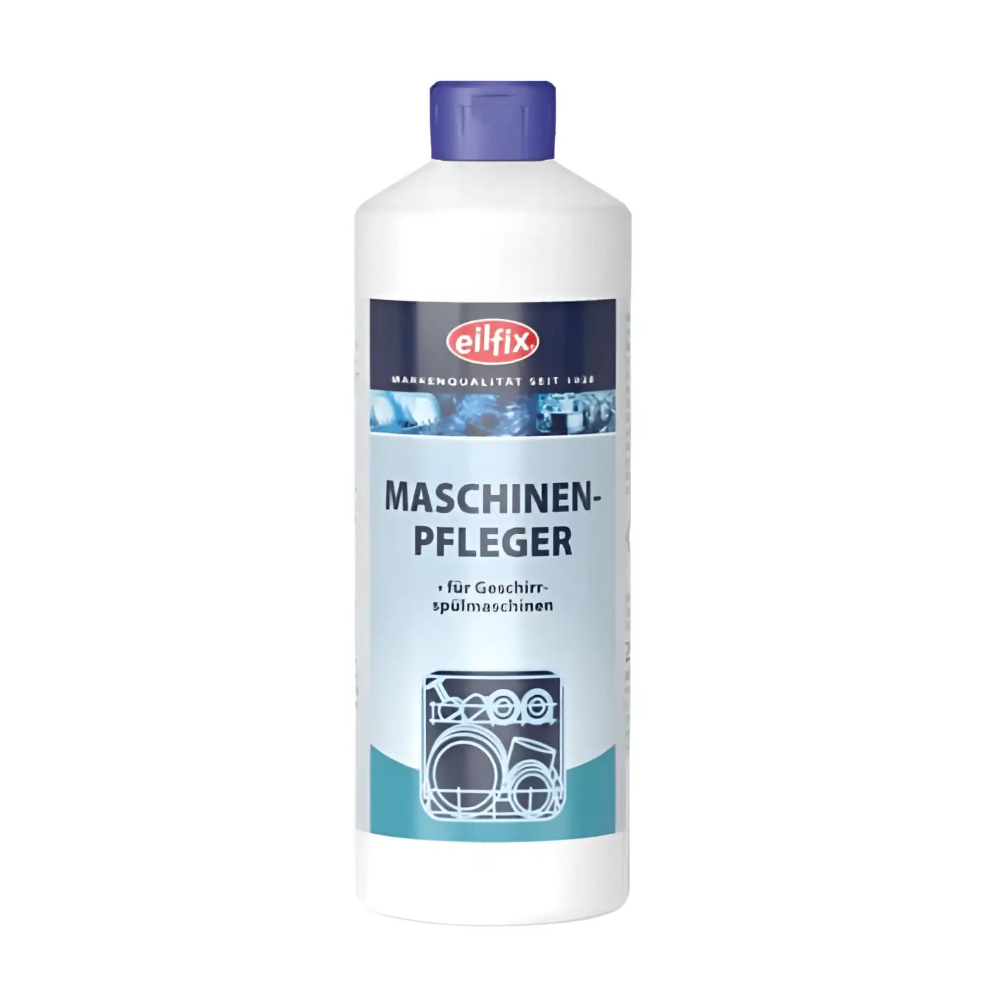 Weiße kunststoffflasche mit lila deckel und blauem etikett der marke eilfix für maschinenpflege 250 ml