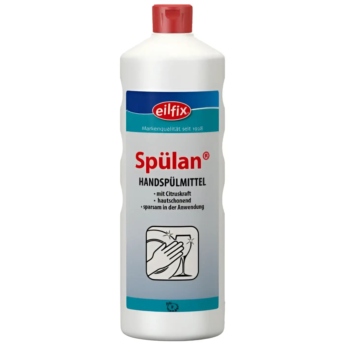 Weiße plastikflasche mit rotem verschluss und blauem etikett von eilfix spülan handspülmittel 1l