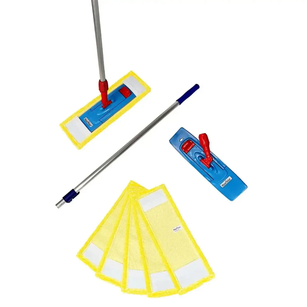 Blue und gelber mikrofaser bodenwischerkopf mit rotem griffmechanismus im floorstar bodenwischer set pix 7-teilig 40cm ws40
