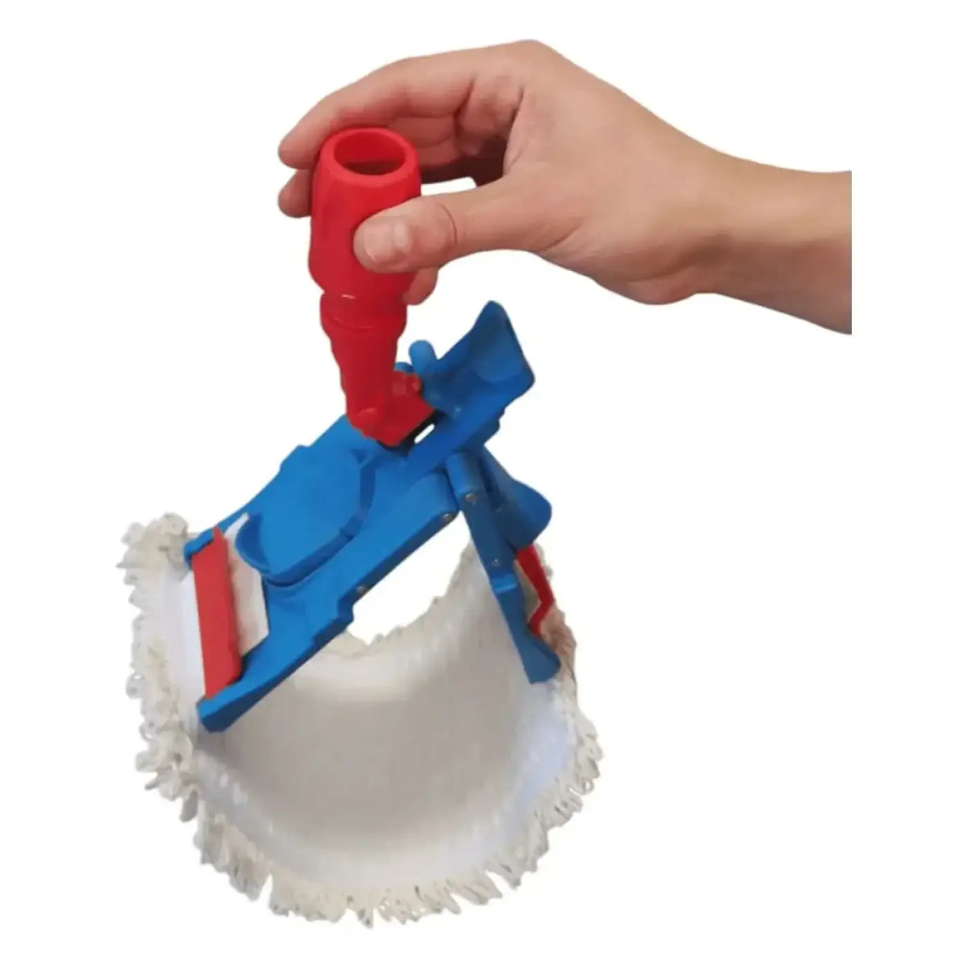 Floorstar klapphalter mit blau-rotem plastik-microfaser-wischkopf und weißem fransenreinigungspad 40 cm