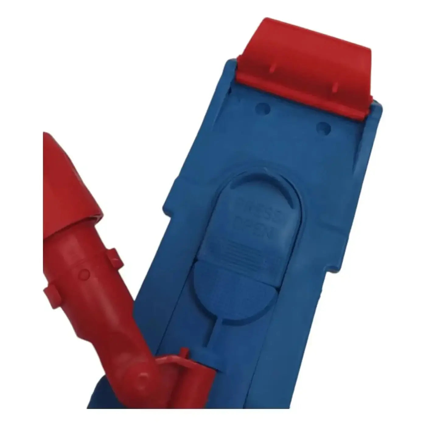 Blauer und roter plastikspielzeugwagen mit klappbarer tür passend zum floorstar klapphalter für laschensystem 40 cm