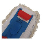 Blauer kunststoff-mopkopf mit weißen mikrofaserfasern und roter rechteckiger klapphalter für das laschensystem 40 cm