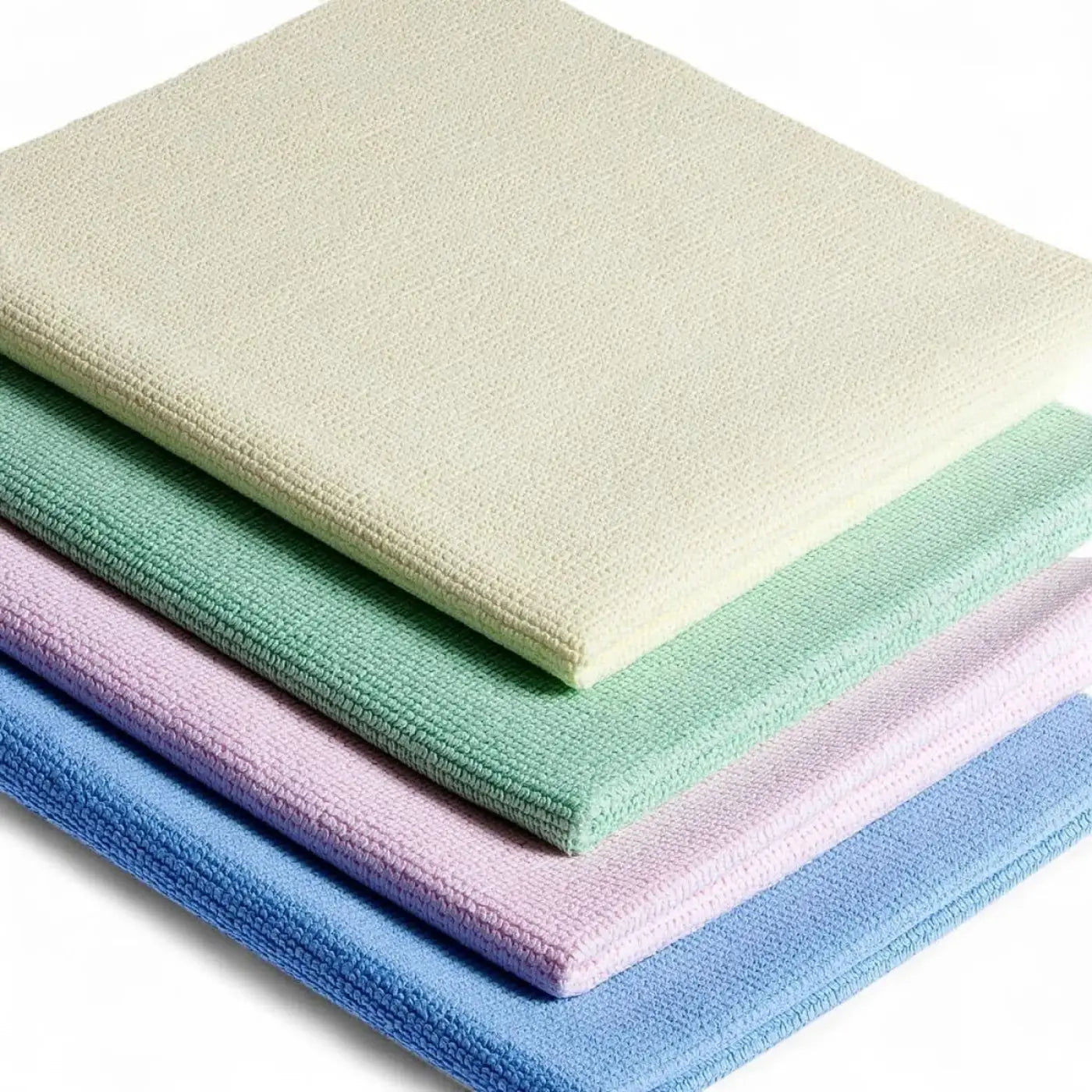 Stapel aus microfiber-reinigungstüchern floorstar microfaser-duettuch kappilar in pastellfarben creme, minzgrün, lavendel und hellblau