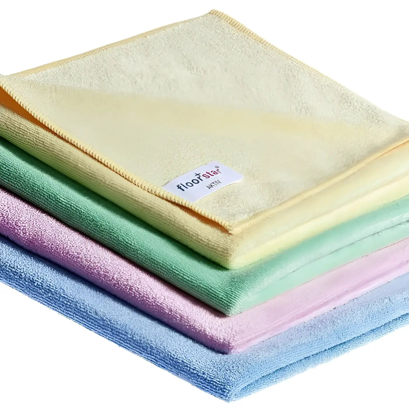 Stapel weicher bunter mikrofasertücher in pastellgelb grün rosa und blau von floorstar mikrofasertuch premium stretch
