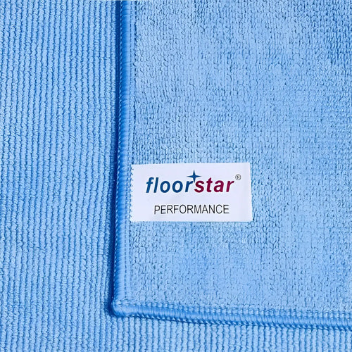 Lichtblaues floorstar mikrofasertuch premiumtuch performance mit weißem label für bodenreinigung