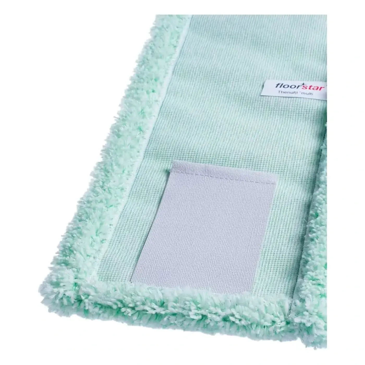 Mintgrüner microfiber mop kopf mit weißem klebestreifen und floorstar etikett für den floorstar microfasermopp thenufil multi lasche