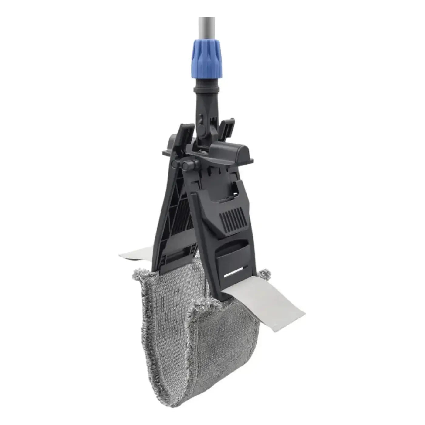 Premium tasche-lasche klapphalter stereo mit grauem mikrofaser-wischkopf, schwarzem kunststoffrahmen und blauem verbindungselement