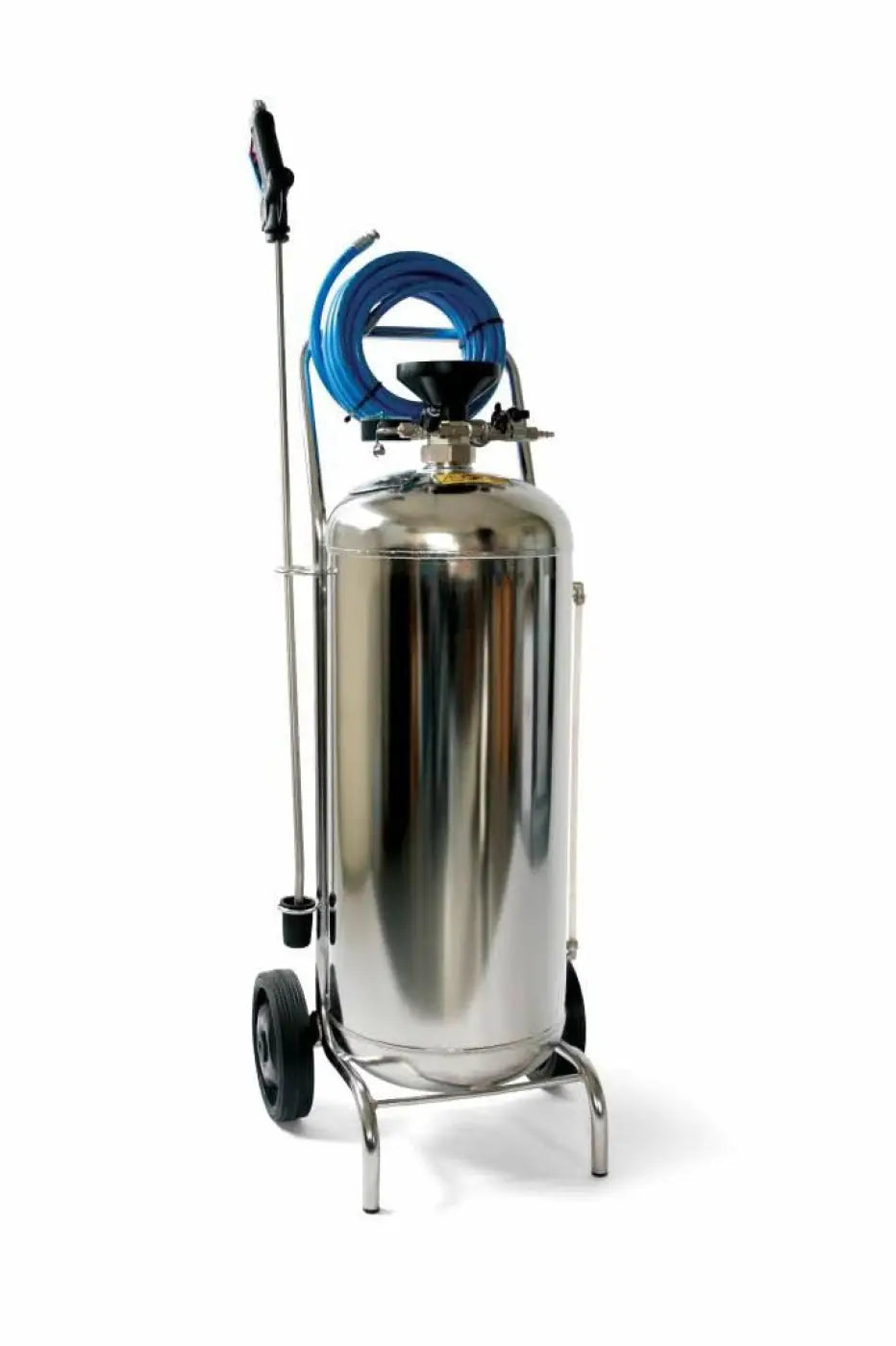 Foam-matic 50 l edelstahl kompress-sprüher mit blauem schlauch und schwarzem sprühgerät auf fahrbarem wagen