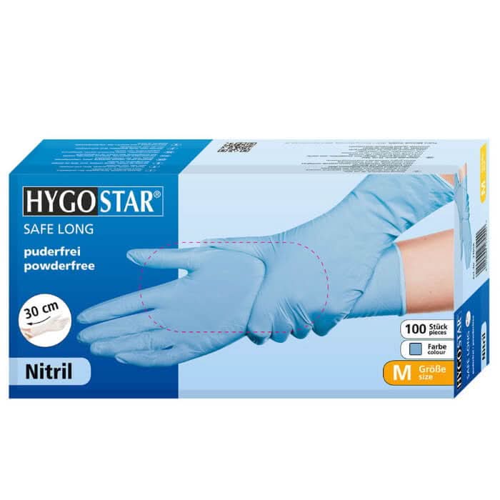 Hygostar Safe Long Nitril-Handschuhe Blau 100 Stück von Franz Mensch, puderfrei für hygienische Anwendungen