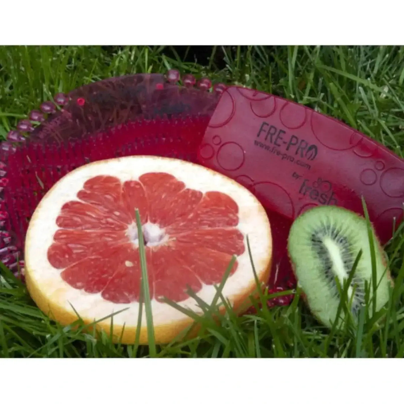 Transparenter roter silikonobstschutz mit strukturierter blasenmusteroberfläche und fre-pro logo aus frepro wave 2.0 urinaleinlage 2 stück