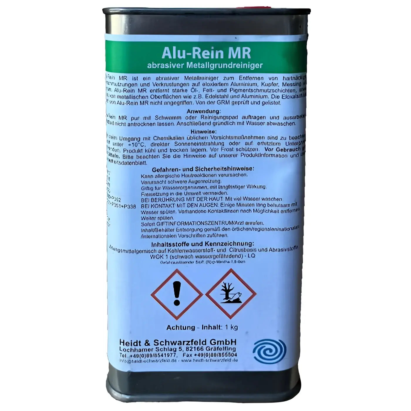Heidt & schwarzfeld metallgrundreiniger alu-rein mr 1 kg grüner und weißer metallbehälter mit metallreiniger