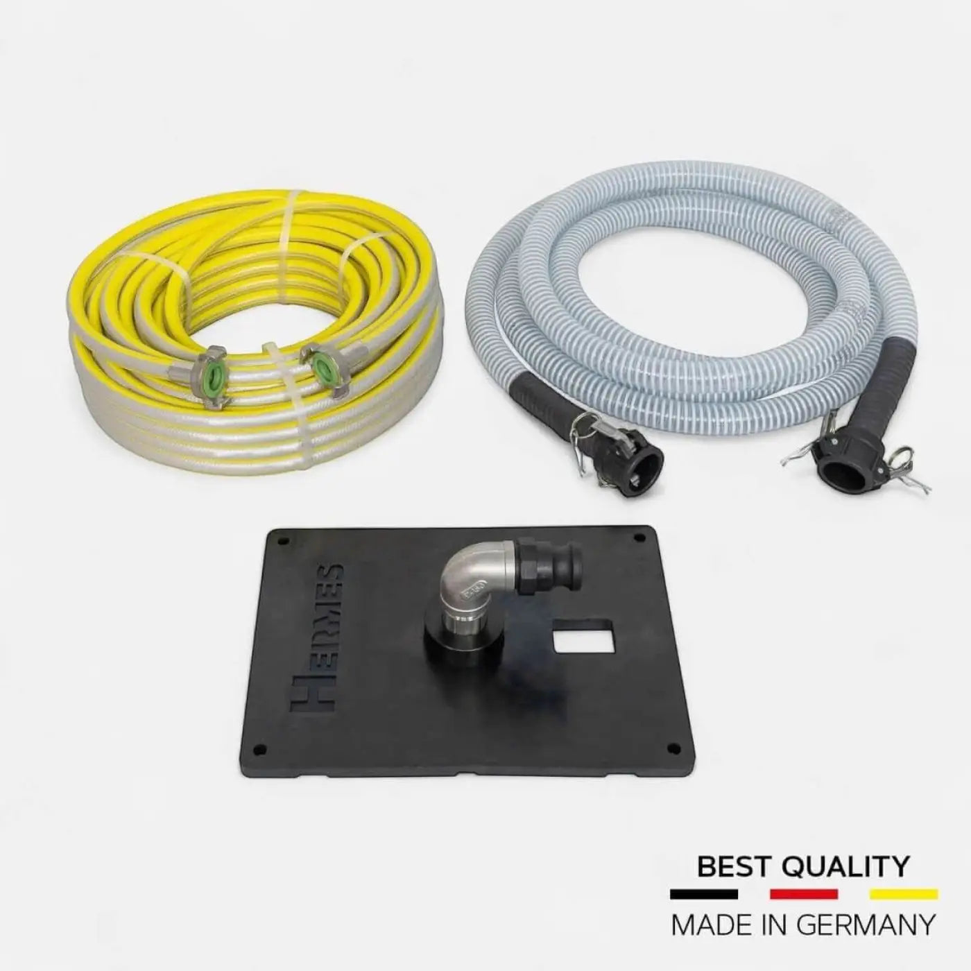 Gelbe und graue spiralschläuche mit schwarzen verbindern und schwarzer kunststoffhalterung mit hermes logo für absaugzubehör