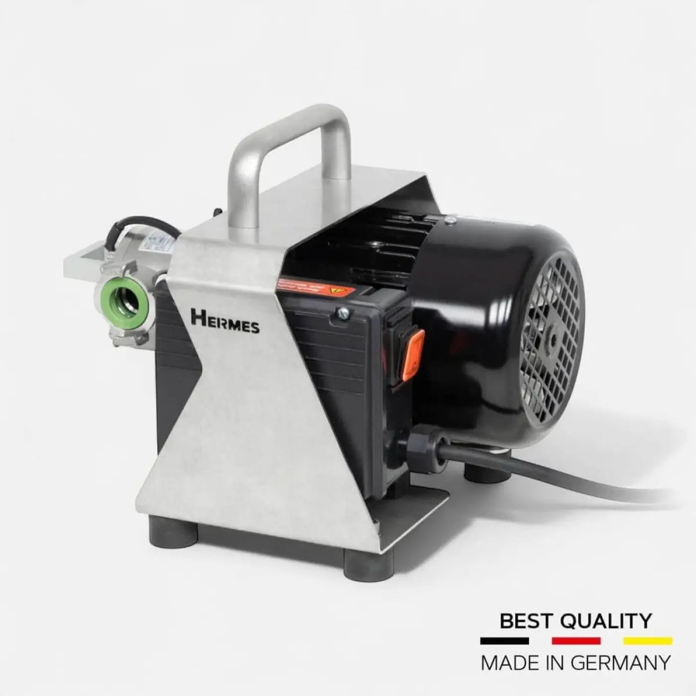 Hermes abwasserpumpe 2.0 mit silbermetallic gehäuse, schwarzem motor, grünem anschluss und orange schalter