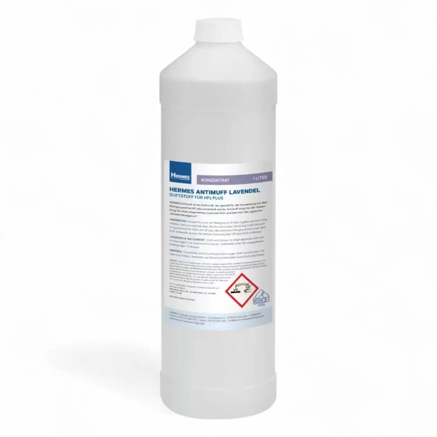 Weiße plastikflasche mit weißem deckel und blauem etikett hermes antimuff lavendel 1 liter