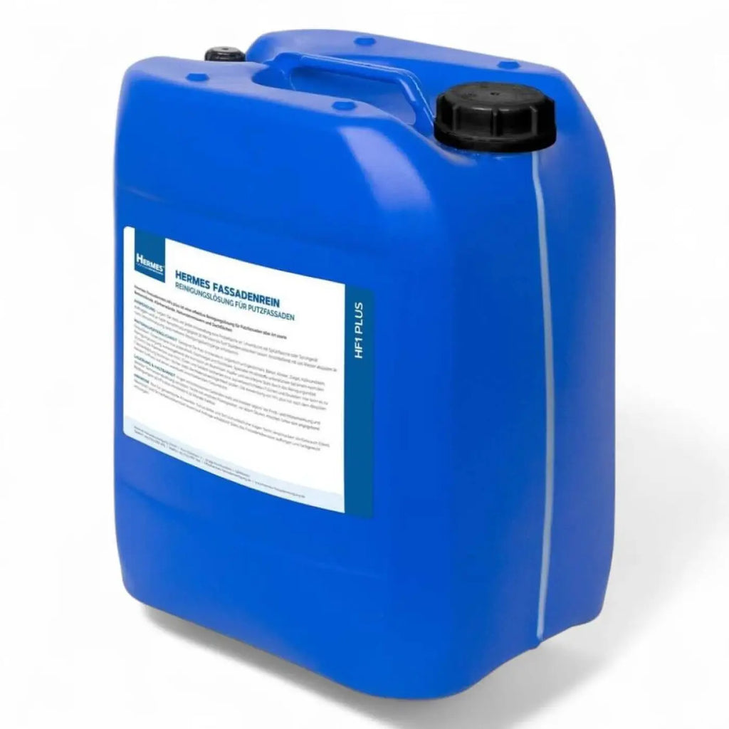 Blauer kunststoff jerrycan mit schwarzem deckel und weißem etikett hermes fassadenrein hf1 plus 20 liter