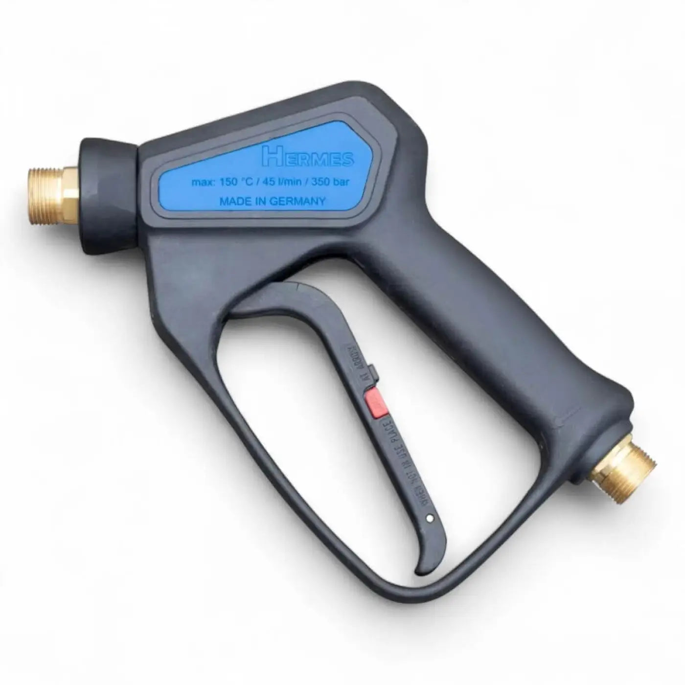 Schwarze kunststoff- und messing hochdruck-handpistole mit blauem hermes etikett für strahlrohre