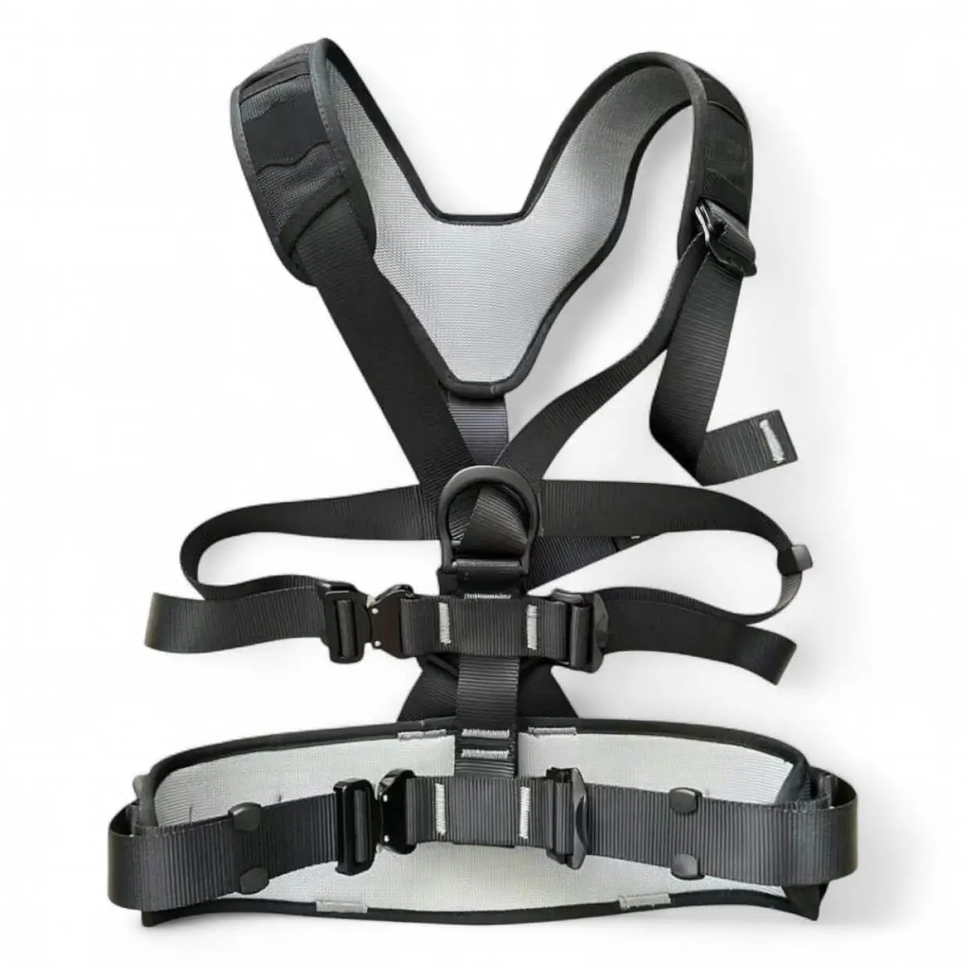 Schwarzer und grauer hermes lanzengurt für fassadenreinigung mit gepolsterten schultergurten und zentralem d-ring