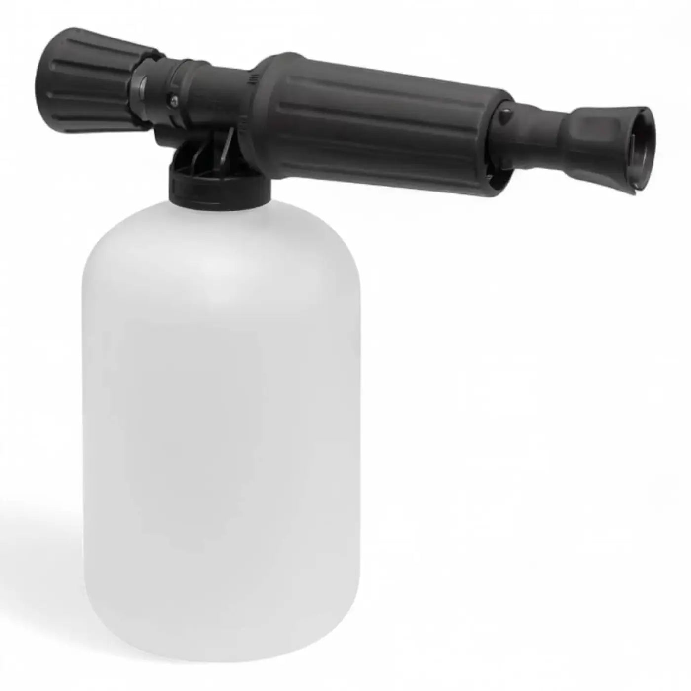 Schwarze kunststoff-schaumlanze mit durchsichtigem weißem flaschenboden zur fassadenreinigung von hermes