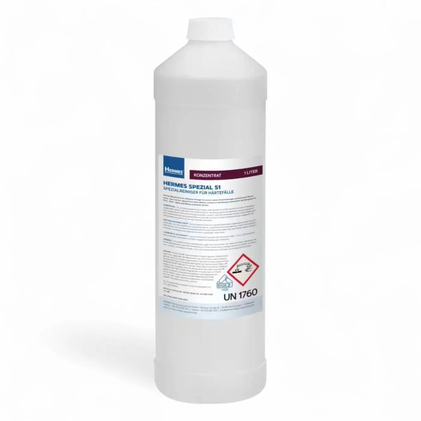 Weiße kunststoffflasche mit weißem verschluss und blau-weißem label hermes spezial s1 für harte oberflächen 1 liter