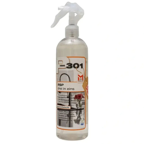 Klare plastik-sprühflasche hmk p301 rsp 3in1 500ml mit weißer düse und orange umrandetem küchenetikett