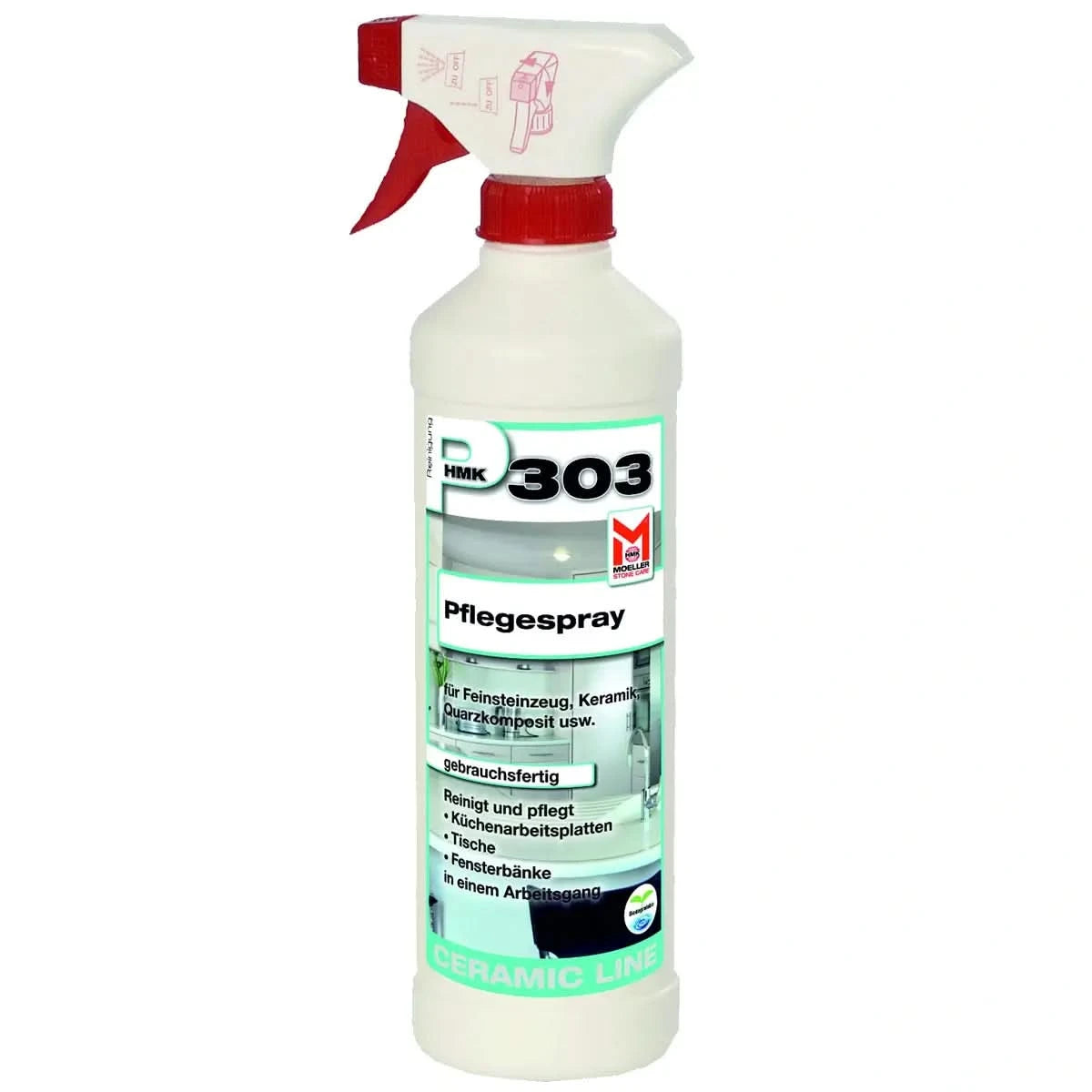 Weiße kunststoff-sprühflasche mit rotem auslöser und kappe hmk p303 pflegespray für keramikflächen 500ml