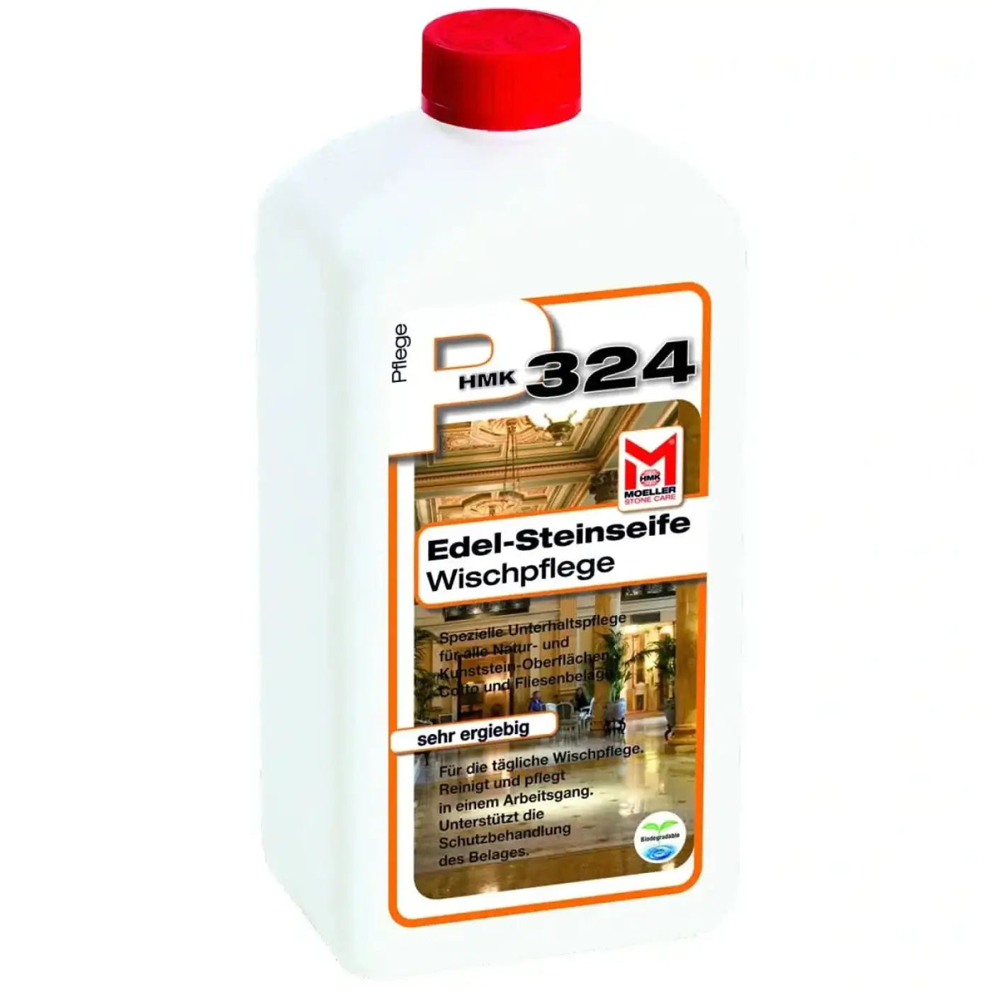 Weiße kunststoffflasche mit rotem deckel und orange umrandetem label für hmk p324 edel-steinseife steinreinigung