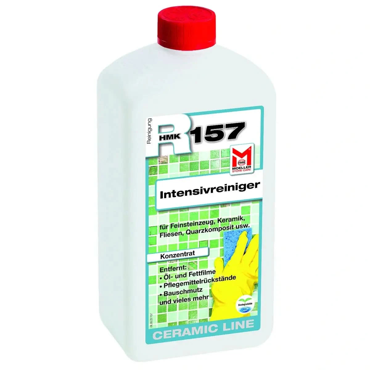 Weiße plastikflasche mit rotem deckel und grün-weißem etikett moeller stone care r 157 intensivreiniger für keramische oberflächen