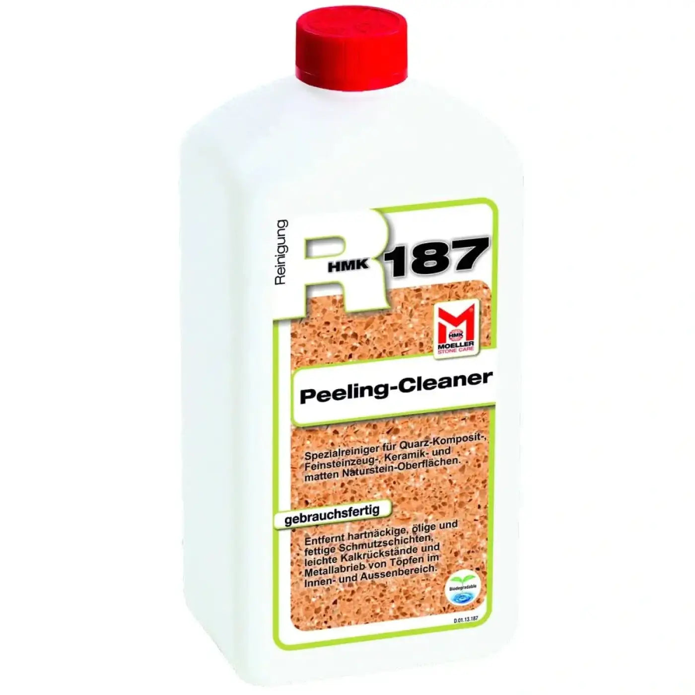 Weiße plastikflasche mit rotem deckel und grünem etikett der marke möller stone care peeling-cleaner 1l