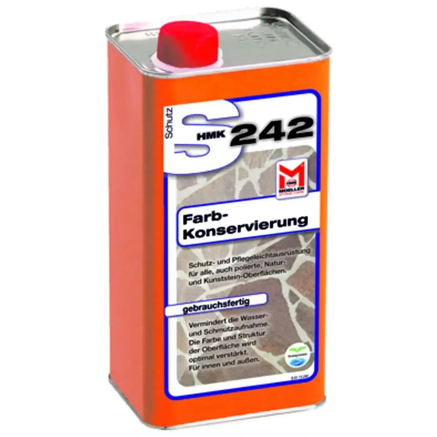 Orange metallkanne mit rotem deckel und weißem etikett mit hmk 242 branding für steinimprägnierung zur farbkonservierung