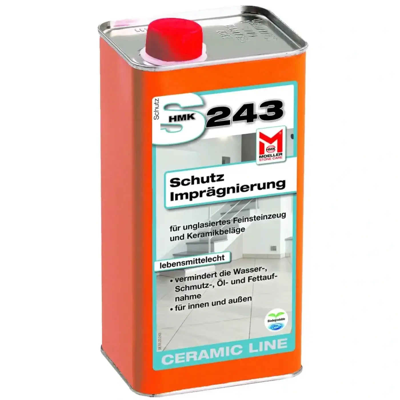 Orange metalldose mit rotem deckel und weißem etikett schutz 243 für keramische fliesenversiegelung hmks243 1l