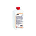 Weiße plastikflasche mit rotemverschluss und orangefarbigem etikett fleckenhaus aqua von miele 5l fleckschutz