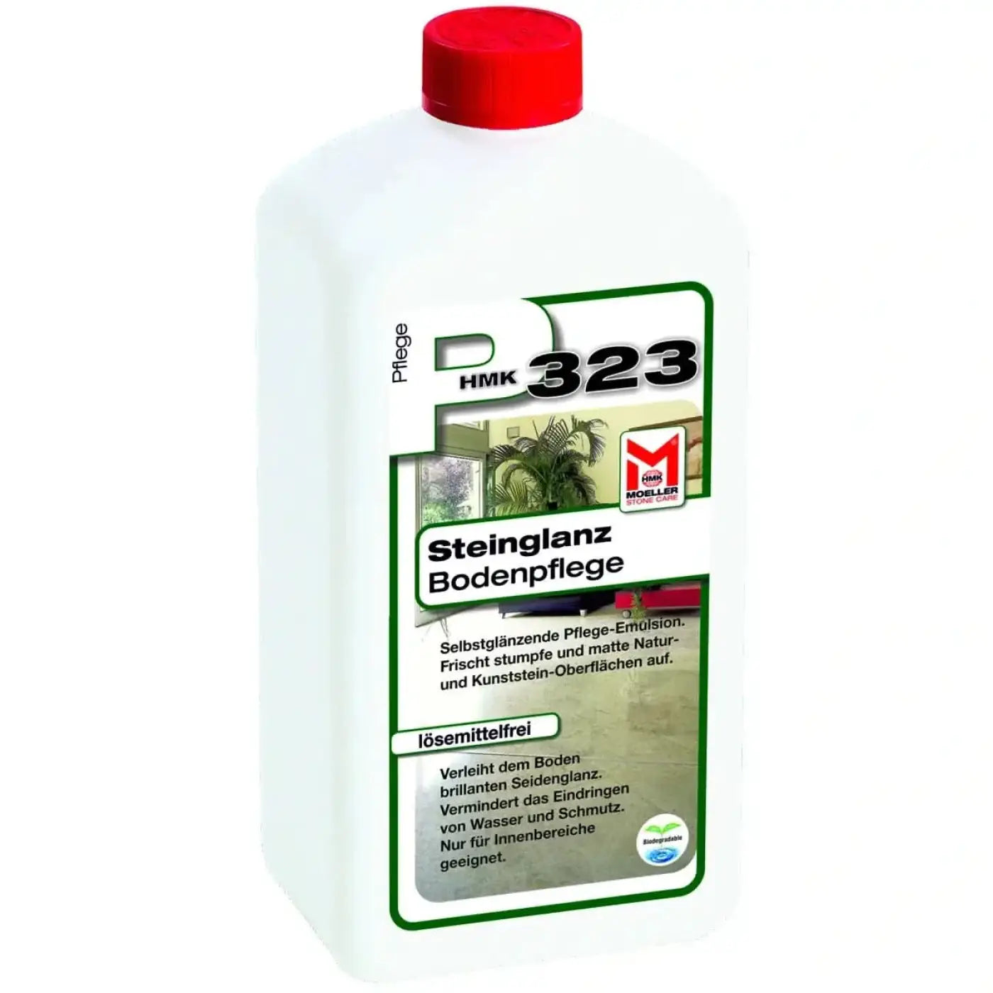 Weiße plastikflasche mit rotem verschluss und grün umrandetem etikett für möller stone care hmk 323 steinglanz bodenpflege 5l