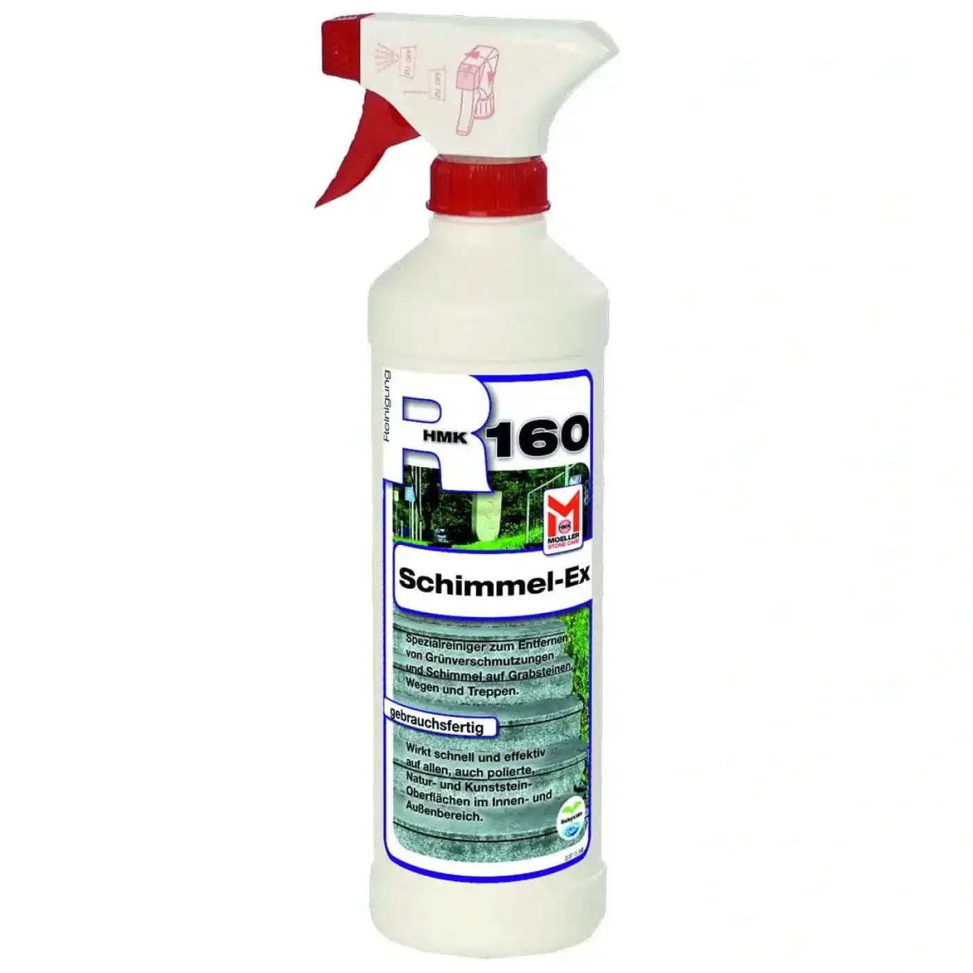 Weiße plastik-sprühflasche mit rotem auslöser und cap für hm k r160 schimmel-ex zur schimmelentfernung