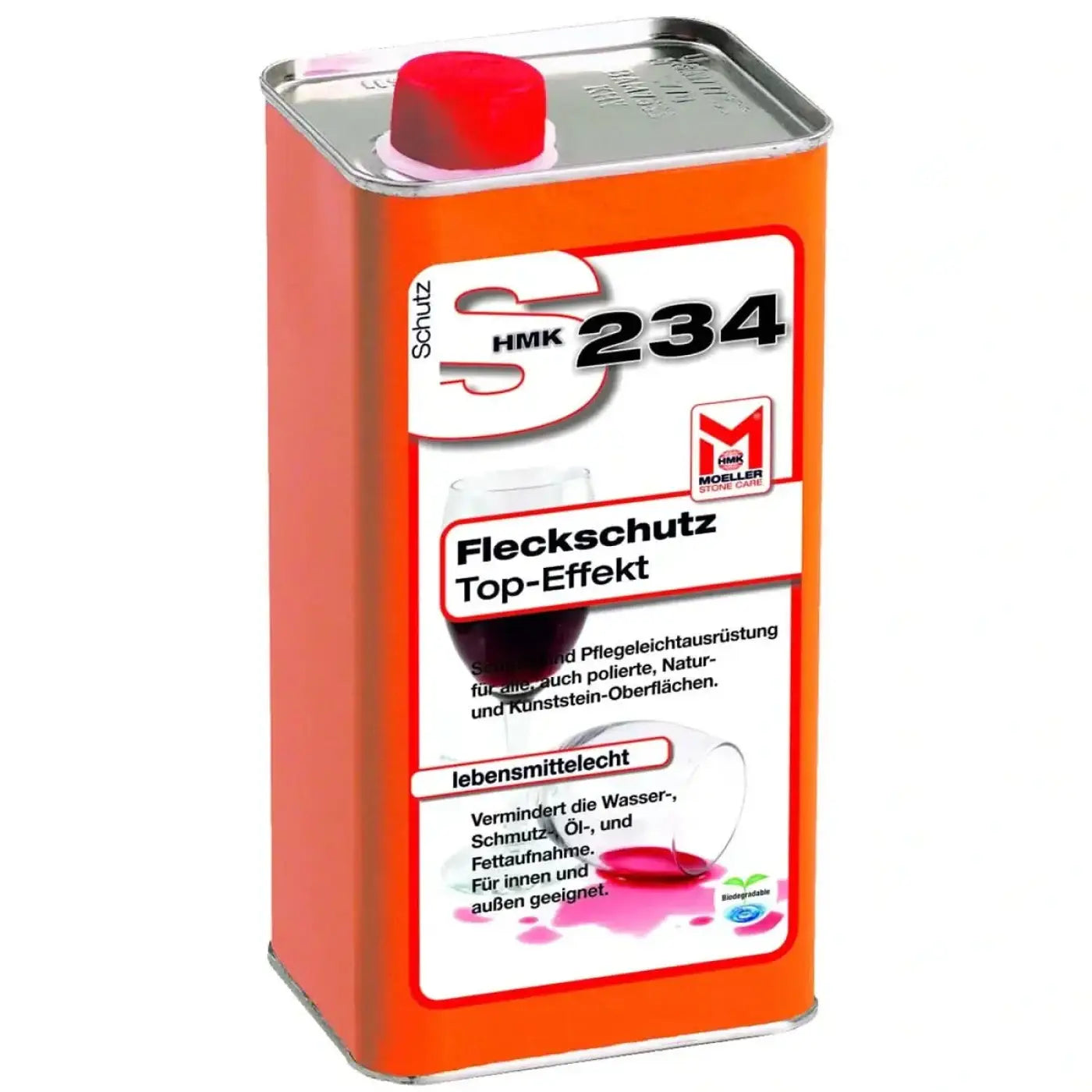Orange metalldose mit rotem deckel und weißem etikett schutz hmk 234 fleckschutz top-effekt 250ml