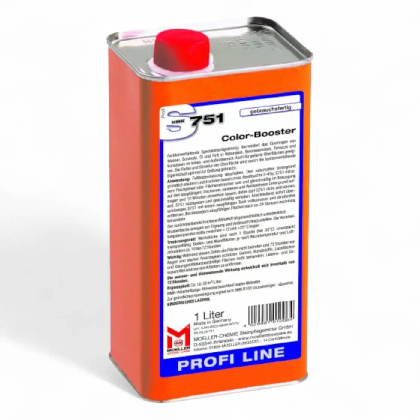 Orange metalldose mit rotem verschluss und blauem etikett color-booster s751 von profi line für steinimprägnierung