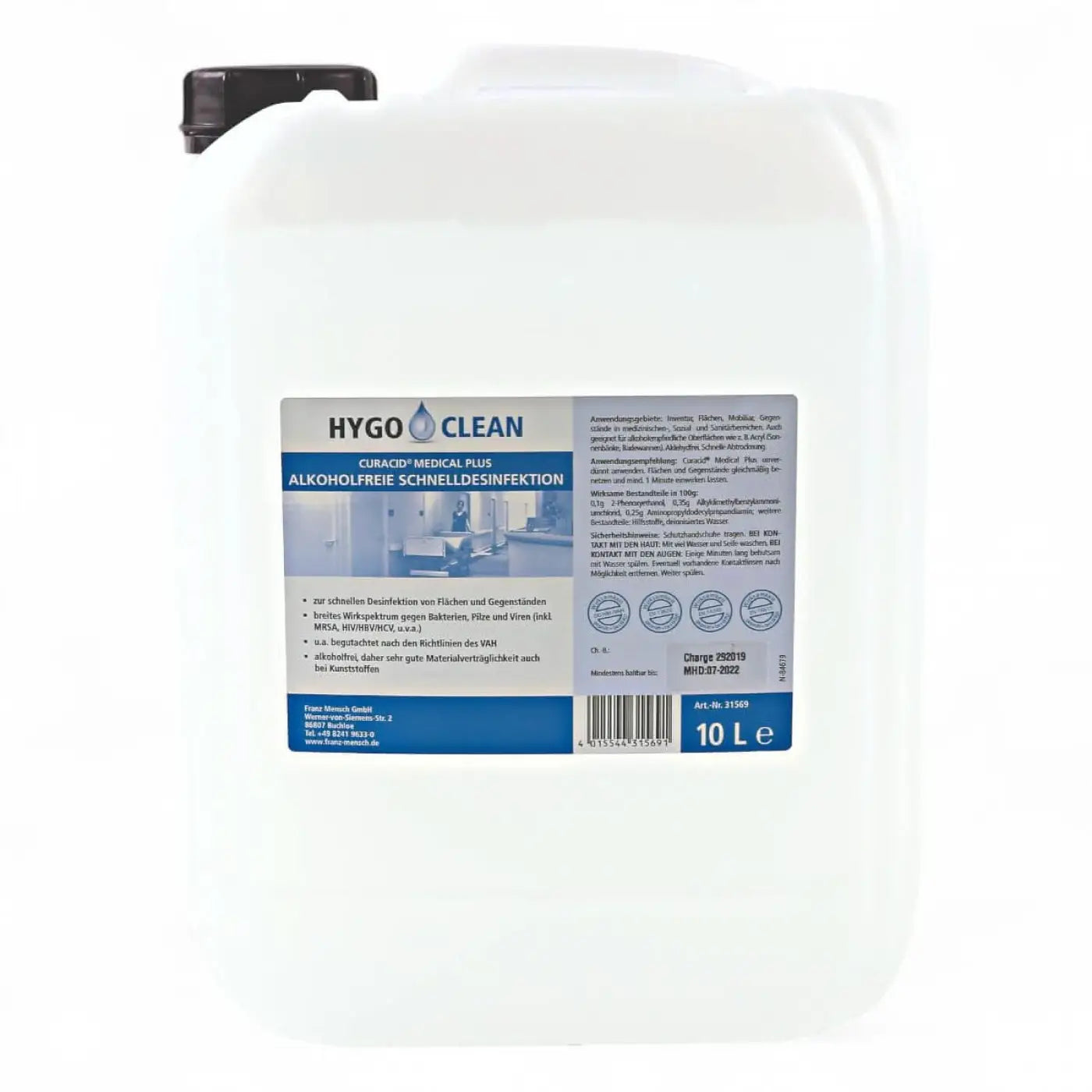 Weißer plastikkanister mit schwarzem griff und blauem etiket namens hygo clean curacid plus 10 liter alkoholfreie schnelldesinfektion