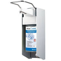 Weißer und grauer wandmontierter hygoclean eurospender mit verstellbarem kurzem armhebel und edelstahlpumpgriff