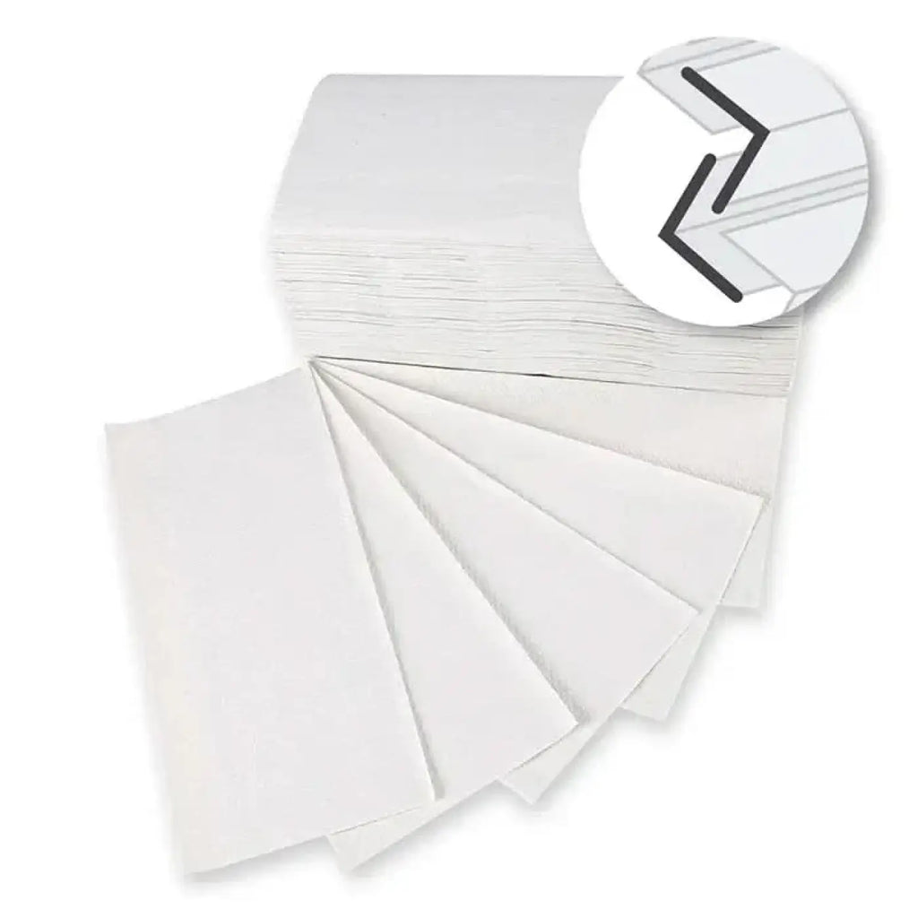 Stack of hygoclean 2-ply white paper napkins made from fsc recycled paper with zigzag v/zz folding 23x21 cm