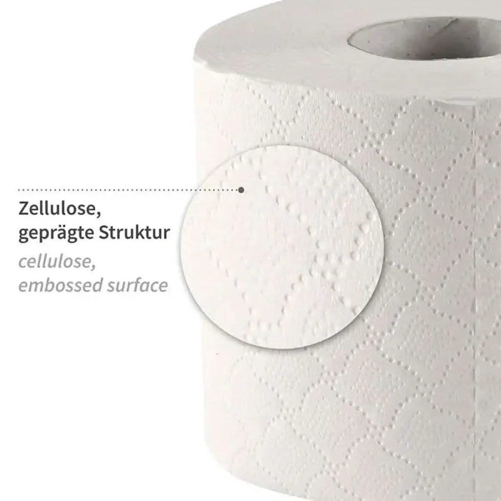Eine rolle weißes, geprägtes cellulose-toilettenpapier mit strukturmuster von hygoclean 3-lagig kleinrolle