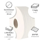 A weißer hygoClean jumbo 3-lagig Zellulose Toilettenpapierrolle mit 30 cm Durchmesser und geprägter Struktur