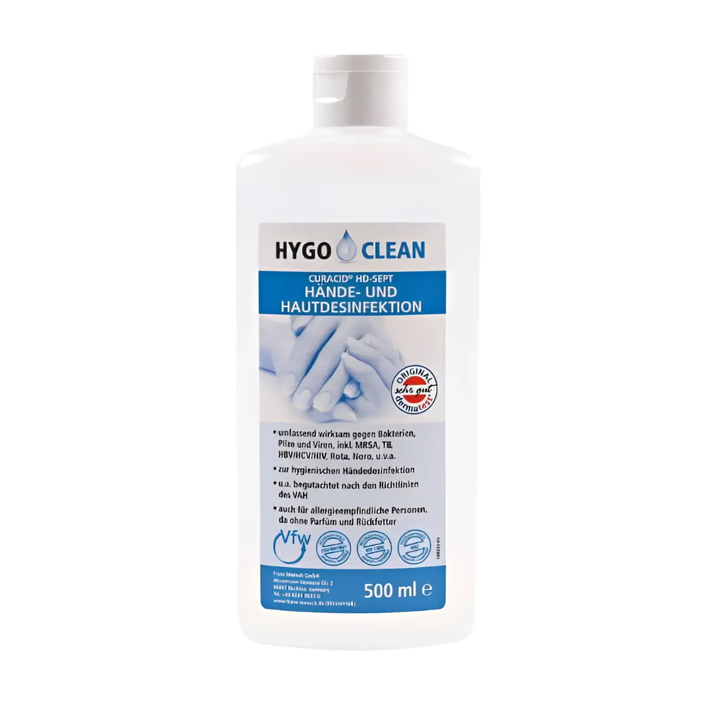 Weiße plastikflasche mit weißem deckel und blauem etikett von hygo clean handdesinfektion antibakteriell 500ml