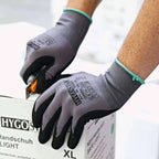 Hygostar arbeitshandschuhe ergo flex 12 paar in grau und schwarz mit türkisfarbenen bündchen und verstärkten fingerkuppen und handflächen