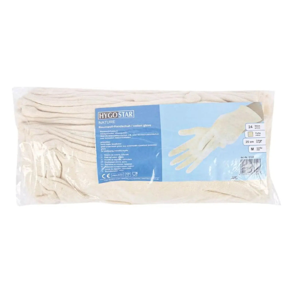Ein paket mit 24 hygo star nature weißen baumwollhandschuhen größe m 25 cm lang