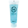 Transluzenter hellblauer hygienster duschgel tube 30ml mit schwarzem logo und bath gel text in 50 stück packung