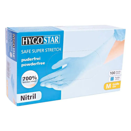 Gants nitrile Hygostar Safe Super Stretch bleus 100 pièces