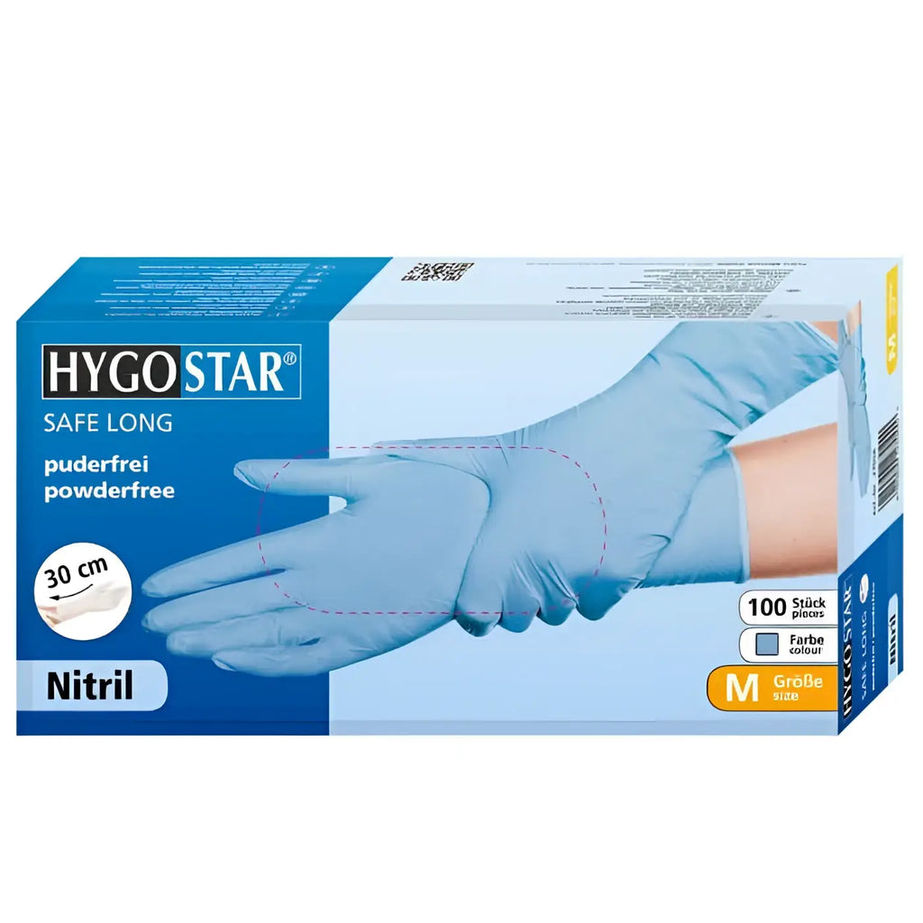 Box mit 100 stück hygo star safe long blaue nitrilhandschuhe größe m für sicheren schutz