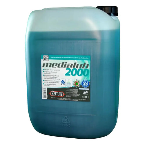 Ein teal-farbener 20-liter-kunststoffkanister kettuz medialub 2000 bio kettensägenöl mit schwarzem deckel und etikett