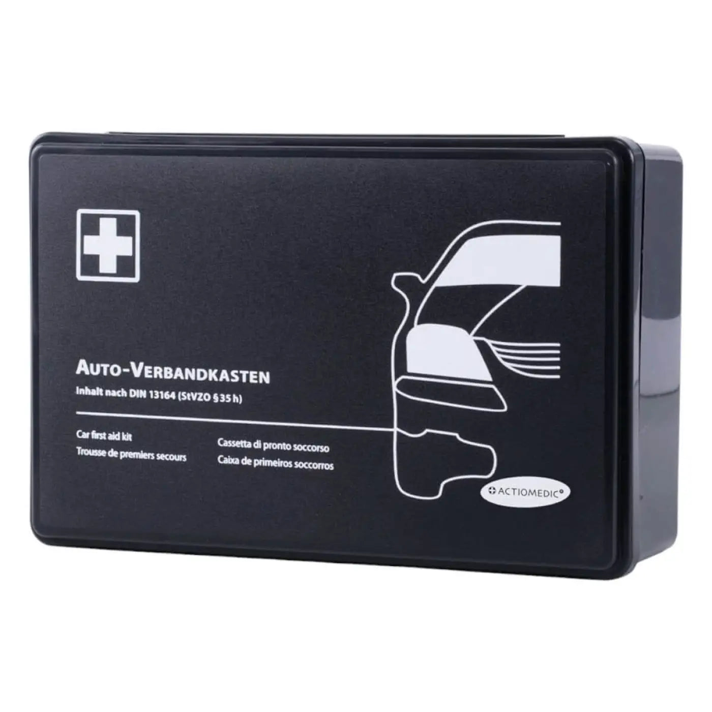 Schwarzer rechteckiger kfz-verbandskasten actiomedic mit weißem kreuz und fahrzeugumriss nach din 13164 standard